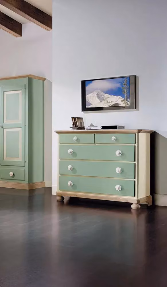 Comò con 5 cassetti in legno di abete Mobili 2G verde e miele L: 118 cm, P: 52 cm, H: 99 cm – 1
