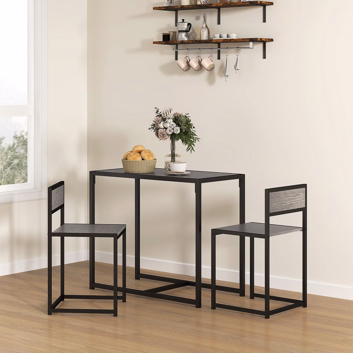 Set da pranzo HOMCOM composto da tavolo e 2 sedie in stile moderno, colore grigio e nero, realizzato in metallo e MDF, L/P/H: 90 x 47 x 76 cm per il tavolo e 73 x 40 x 40 cm per le sedie – 2