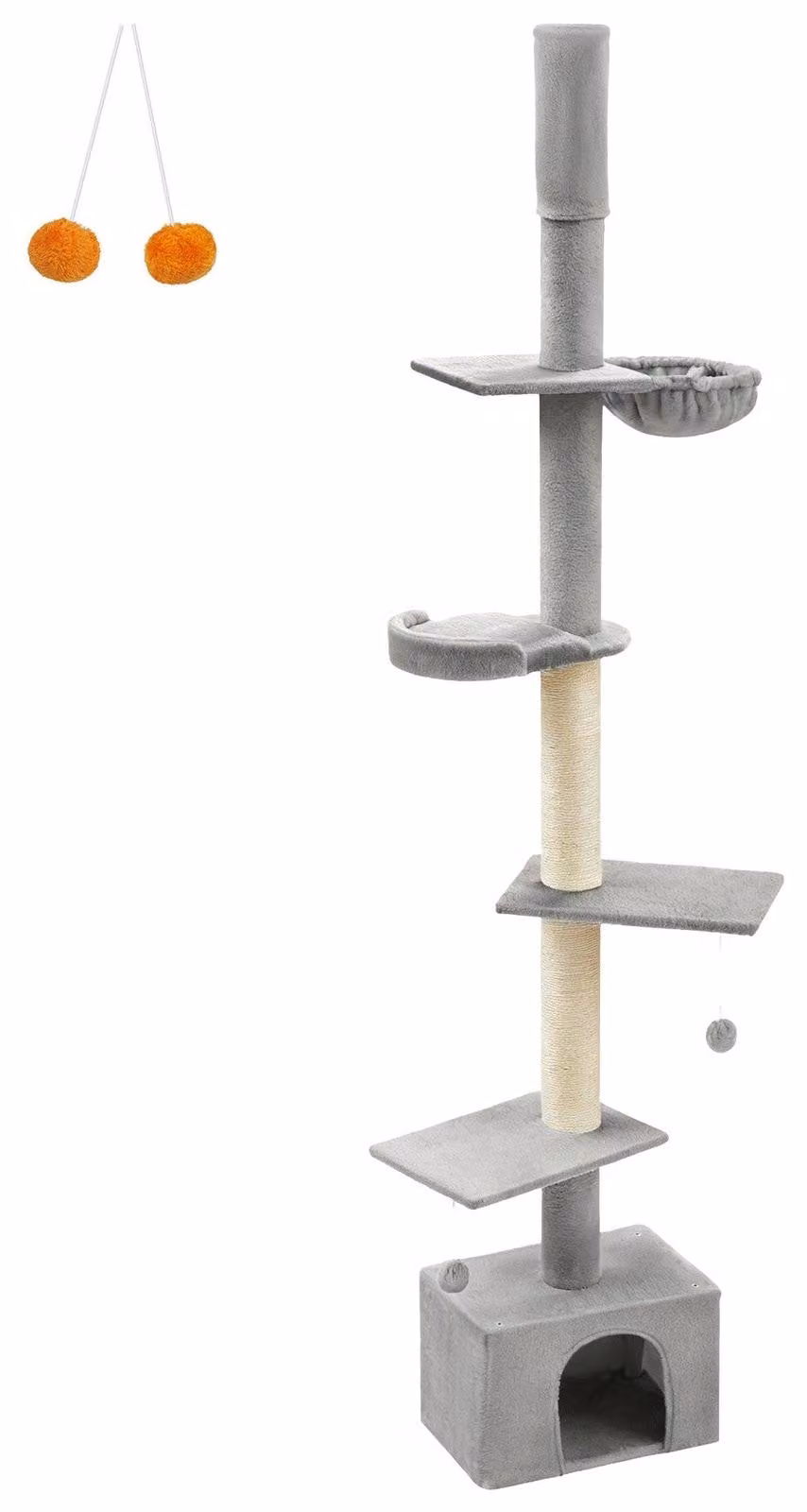 Albero per gatti regolabile in altezza, multistrato, con casetta integrata | Grigio chiaro | 70x30x252 cm