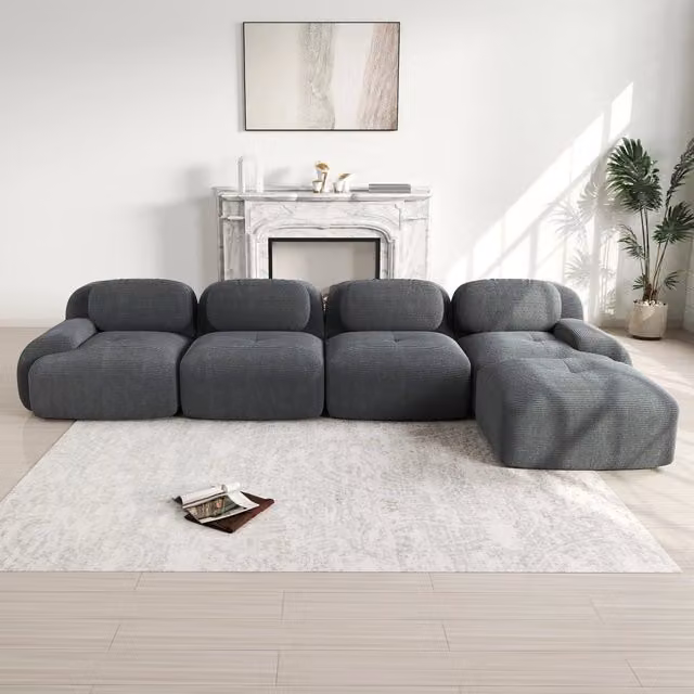 Divano angolare modulare MIVRAY in tessuto a coste grigio con base antiscivolo e design moderno per il tuo soggiorno