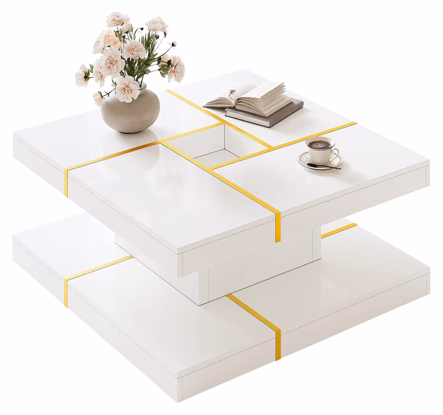 Tavolino Moonbite, a due piani, quadrato, 80 x 80 cm, tavolino da soggiorno con apertura centrale, design a gradoni, realizzato in pannello di particelle, colore bianco