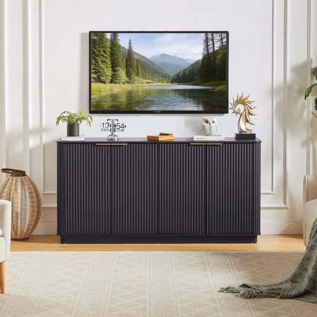 Credenza e madia con 4 ante e 4 vani finitura ondulata per soggiorno e camera da letto in MDF nero 160 × 40 × 80 cm