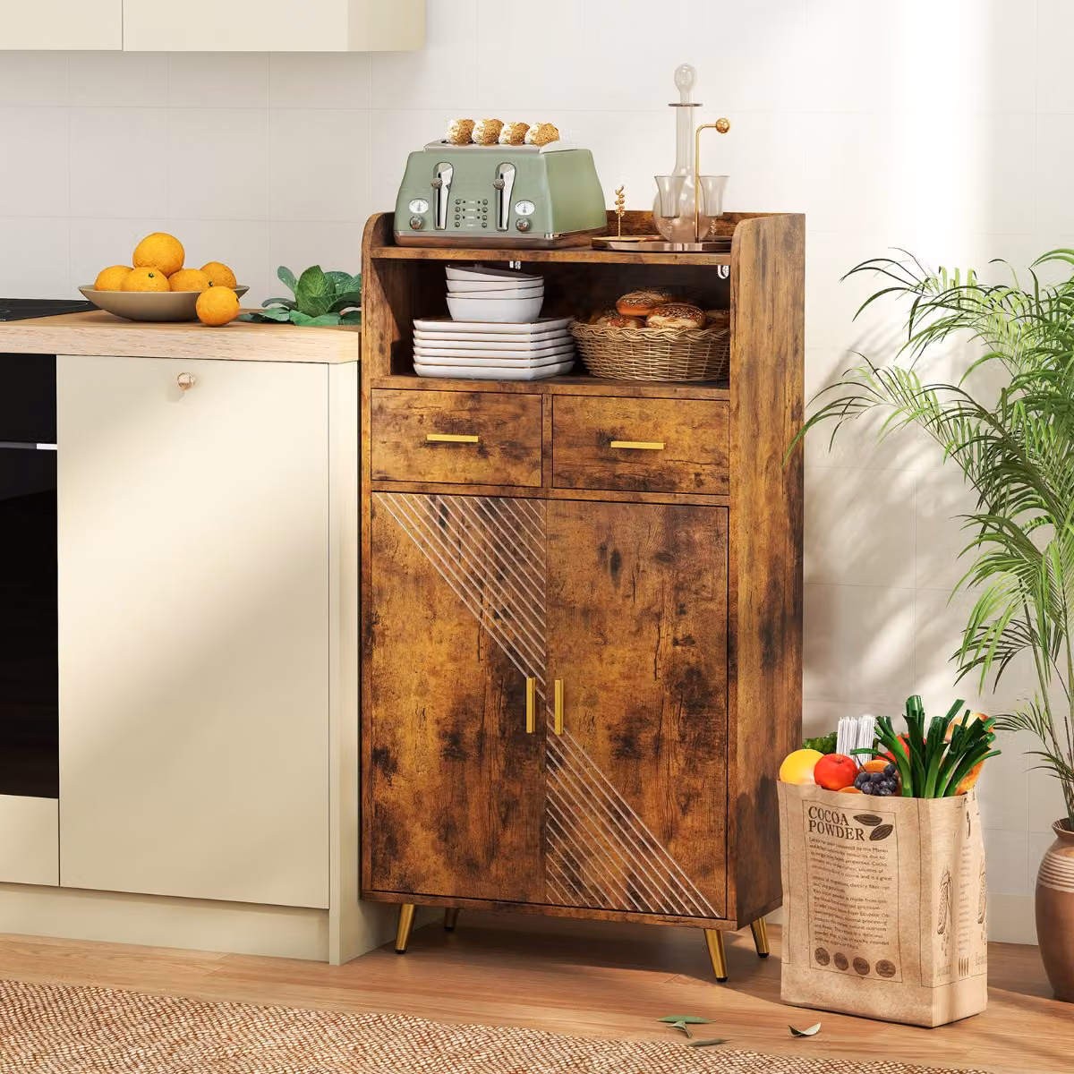 Mobile dispensa Costway marrone con ante, cassetti e ripiani interni per cucina, bagno o soggiorno, Larghezza: 113 cm