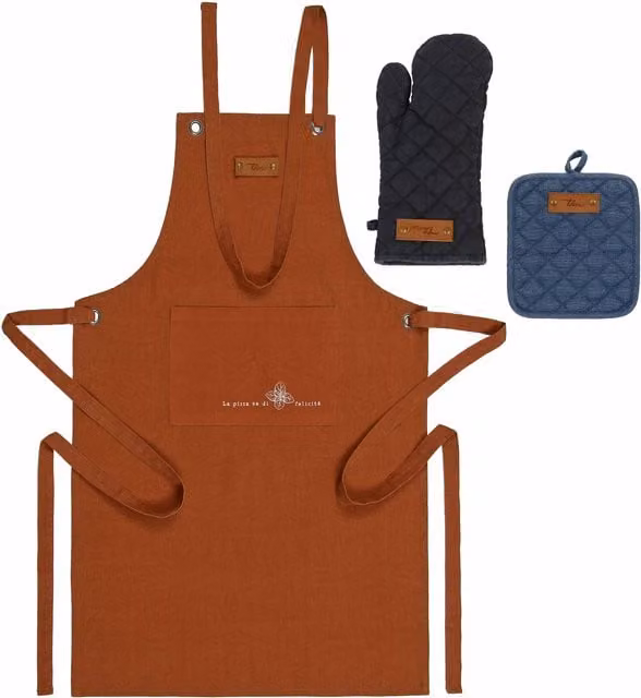 Set di accessori da cucina Thun composto da guantone da forno, grembiule, presina e cesto in cotone arancione per adulti