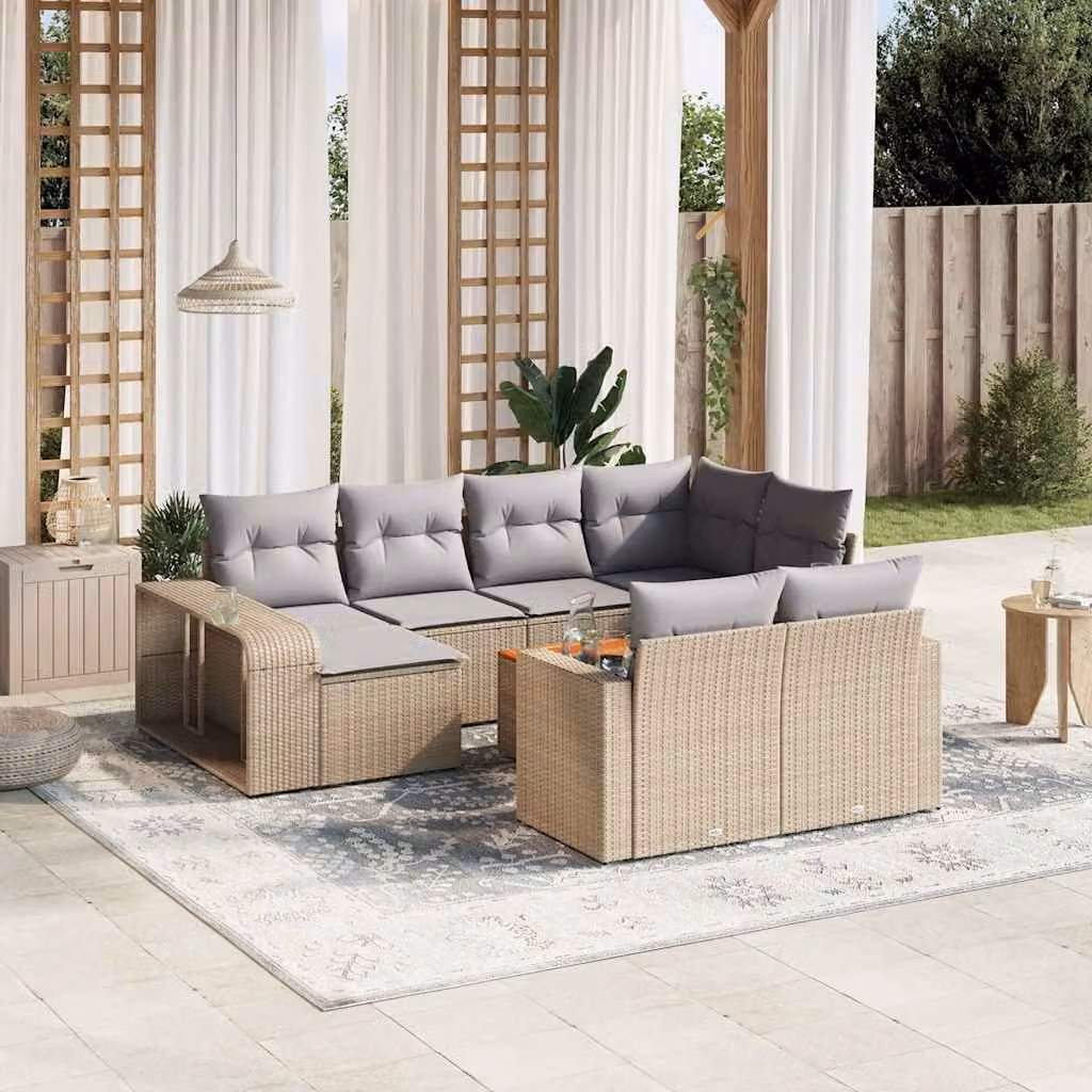 vidaXL Set Divani da Giardino 11 pz in Polyrattan con Cuscini Beige e Tavolino da Esterno – 1