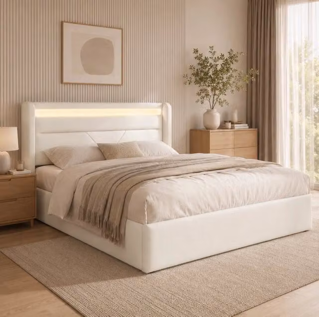 Letto Contenitore Idraulico 160x200 cm con Testiera Illuminata a LED, Rivestimento in PU Bianco, Struttura Robusta