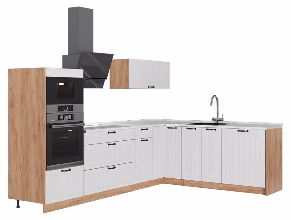 Cucina angolare completa Vicco Fame-Line Bianco rustico/Rovere dorato 287 x 207 cm, PL Marmo, Model 63519