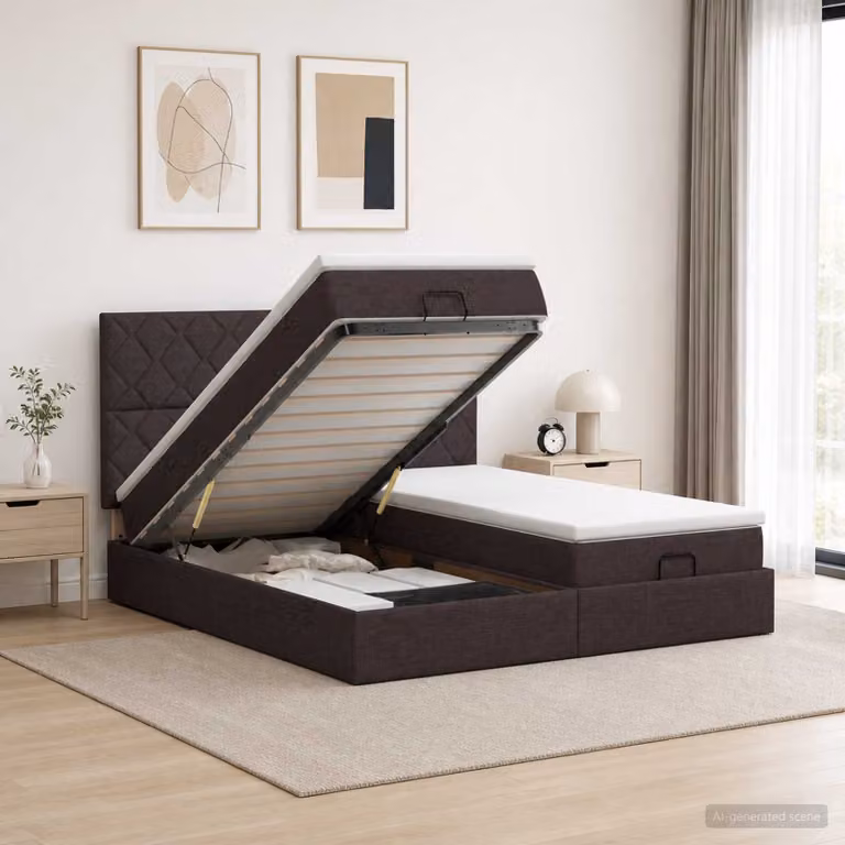 Letto ottomano con materasso 2 pz vidaXL in tessuto marrone e bianco con base a sollevamento L/P/H: 200 x 140 x 200 cm