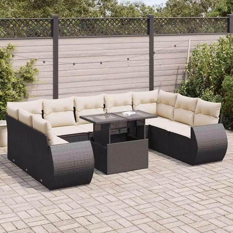 Set di divani da giardino vidaXL in polyrattan nero con 10 pezzi e cuscini
