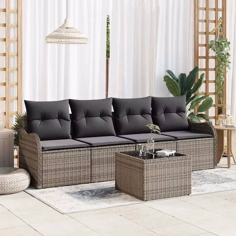 Set Divano da Giardino vidaXL 5 Pezzi a Forma di U Grigio con Cuscini e Tavolino in Polyrattan e Acciaio