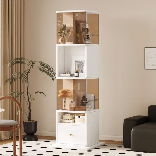Vetrina Girevole REDOM in MDF e Vetro con Illuminazione Integrata e Ripiani Interni, Bianco e Marrone, L 50 cm x P 50 cm x H 160 cm