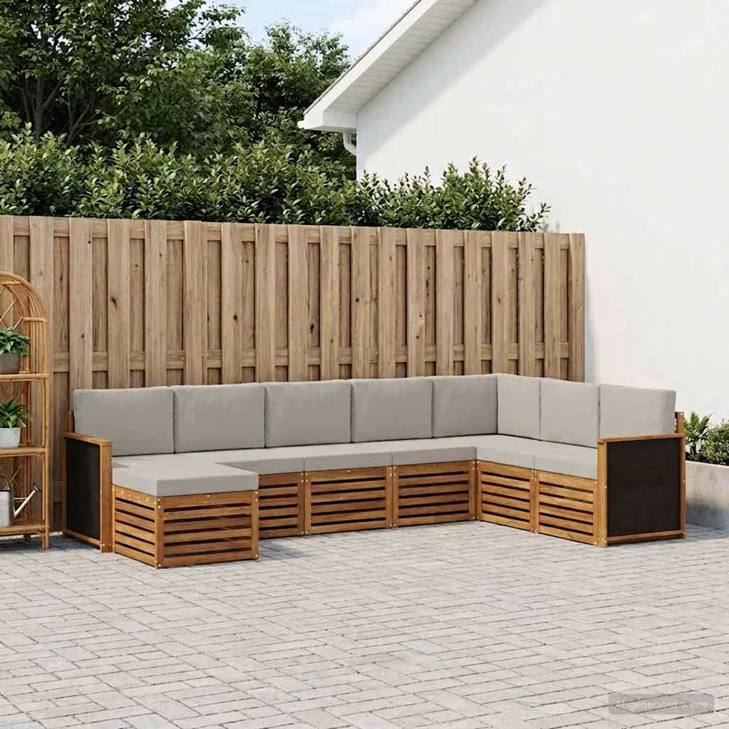 Set di divani da esterno vidaXL 8 pz in legno di acacia con cuscini, composizione a L con pouf, colori beige, grigio e marrone
