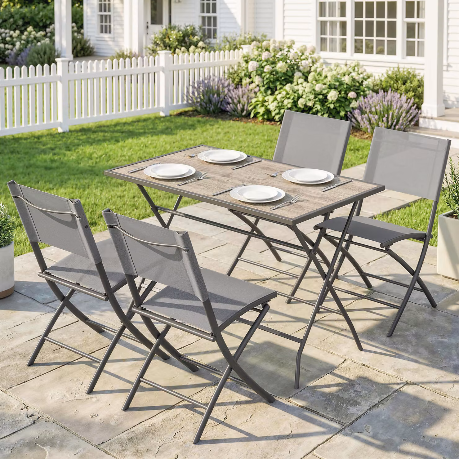 Set Mobili da Giardino Outsunny 5 Pezzi con Tavolo e 4 Sedie Pieghevoli Grigio Effetto Legno – 2