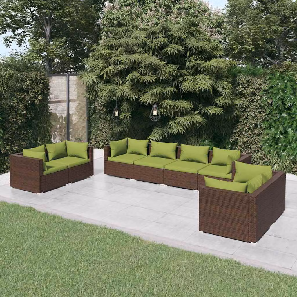 vidaXL Set Divani da Giardino 8 pz con Cuscini in Polyrattan Marrone e Verde con Struttura in Acciaio e Tessuto Resistente ai Raggi UV – 1