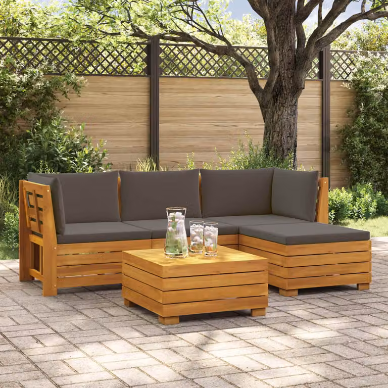 Set di 5 divani da esterno vidaXL in legno di acacia massello marrone con cuscini inclusi e forma a L per giardino e terrazzo