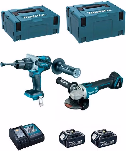 Kit Makita DLX2130TJ2 con Avvitatore DHP481, Smerigliatrice DGA504, 2 Batterie da 5,0 Ah e Caricatore DC18RC con Sistemi di Trasporto MAKPAC