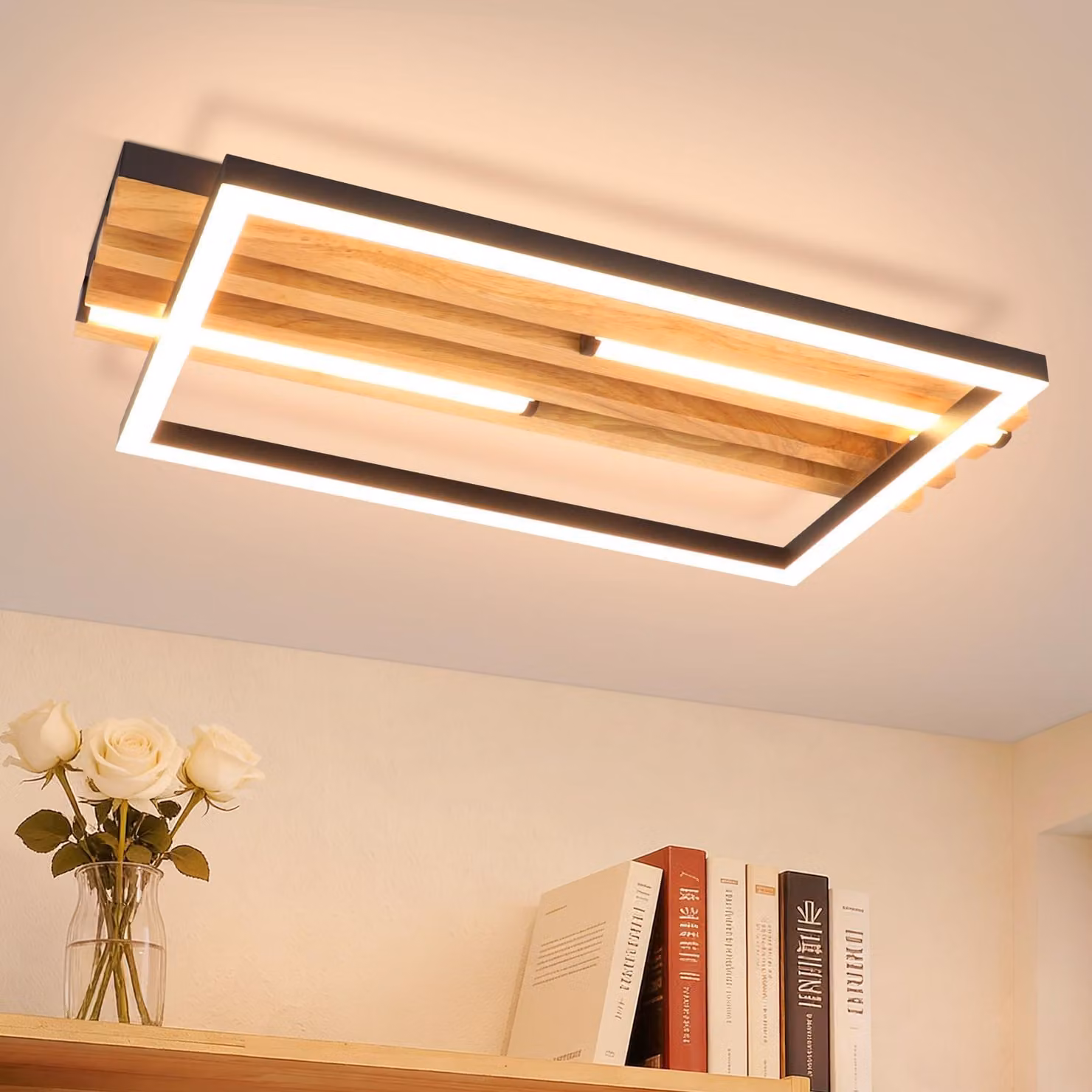 ZMH Lampada da soffitto in legno 38 cm Lampada da soffitto Lampada da camera da letto 24 W 3000 K Nero Rettangolare Bianco caldo Lampada da cucina per soggiorno, corridoio e sala da pranzo
