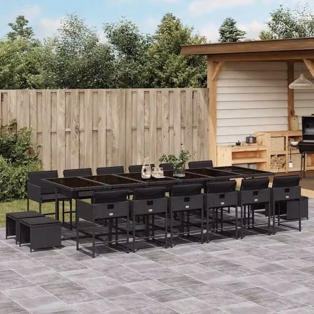 Set da Pranzo da Giardino 17 pz con Cuscini Nero in Polyrattan 3211363