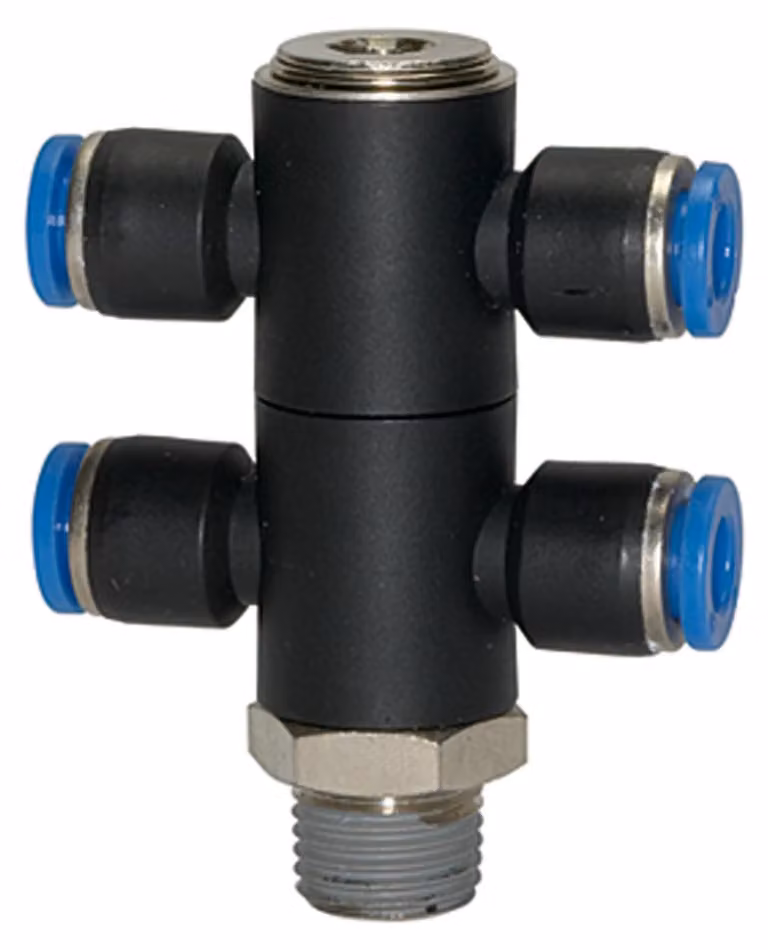 Raccordo a T Riegler "Serie Blu", girevole a 4 vie, R 1/2 a. 12 mm