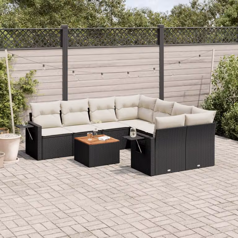 vidaXL Set Divani da Giardino a L 9 pz in Polyrattan Nero con Cuscini e Tavolino da Caffè