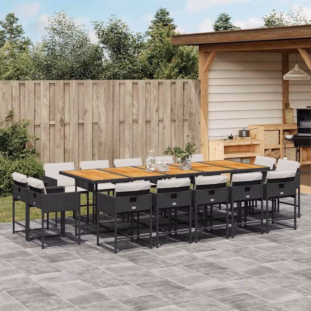 Set da pranzo da giardino vidaXL in polyrattan e legno di acacia con 15 pezzi e cuscini nero e bianco – 1