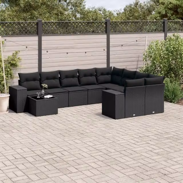 Set Divani da Giardino 10pz con Cuscini in Polyrattan Nero 3255392