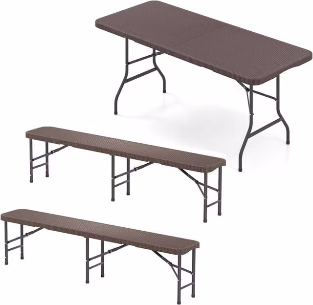 Tavolo pieghevole portatile e set di 2 panca pieghevole in plastica, Tavolo da campeggio e set di 2 sedile portatile pieghevole a met¨¤ Marrone