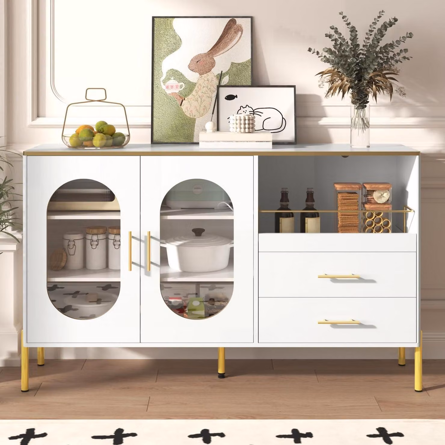 Mobile contenitore con 2 cassetti e 2 ante in vetro, colore bianco e dettagli dorati, dimensioni 140x38x90 cm