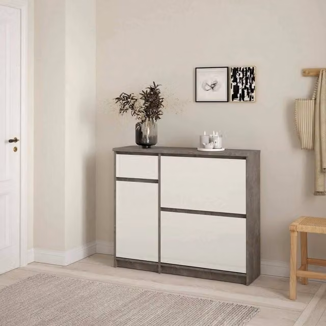 Scarpiera Todd DMORA, Mobile porta scarpe moderno con ante a ribalta per ingresso, Grigio e Bianco lucido, L: 109 cm, P: 32 cm, H: 93 cm – 1