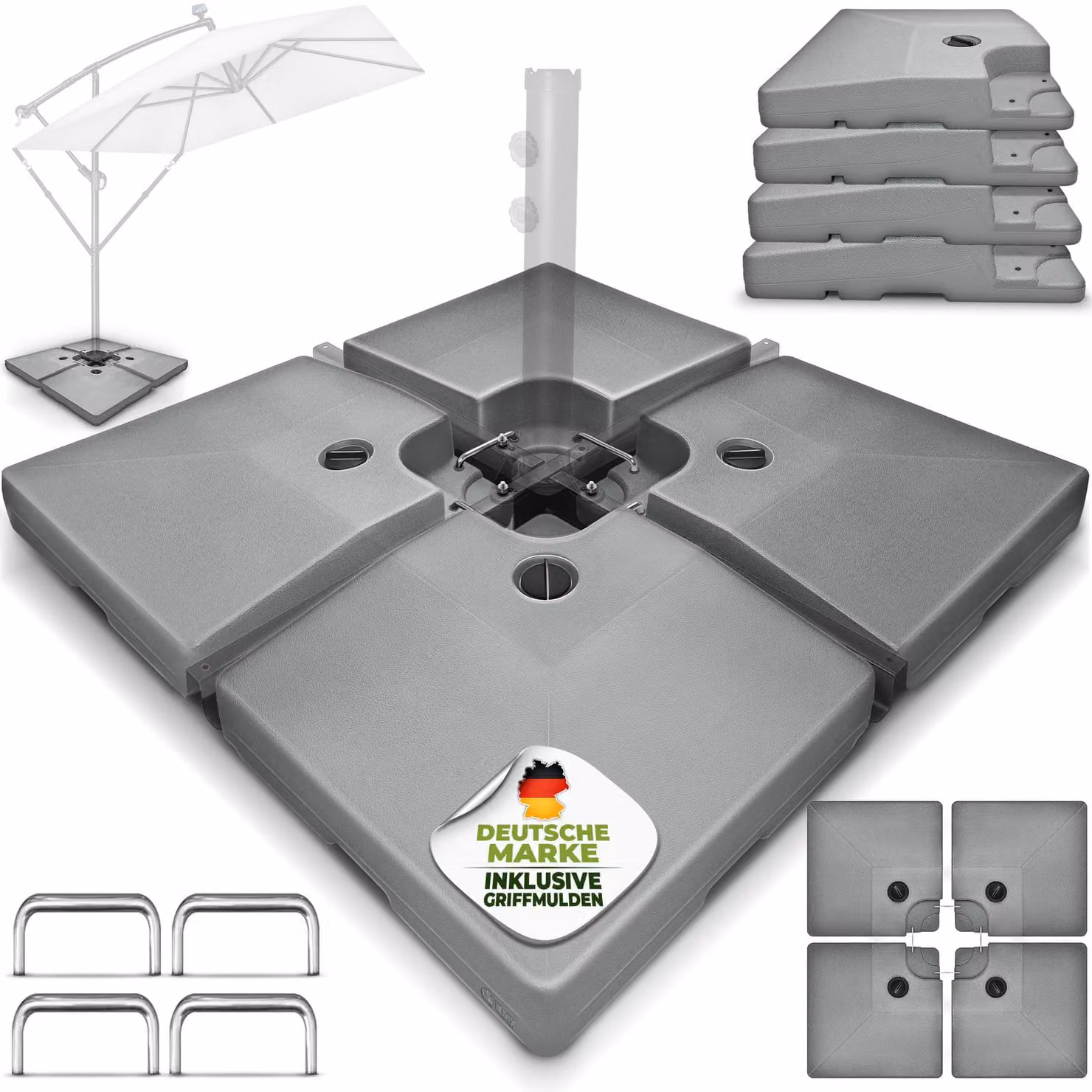 tillvex® Supporto per ombrellone grigio 90 litri / 120 kg - 4 parti per ombrellone a sbalzo incl. connettore in metallo | peso dell'ombrellone riempibile con acqua o sabbia | supporto per ombrellone a sbalzo resistente alle intemperie