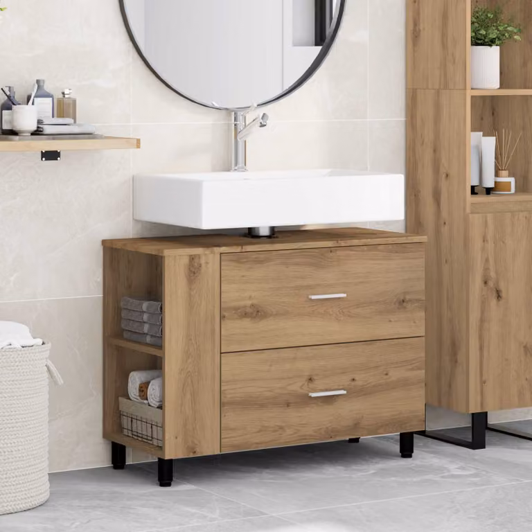 Mobiletto da bagno moderno vidaXL in legno e metallo marrone L: 80 cm, P: 35 cm, H: 60 cm