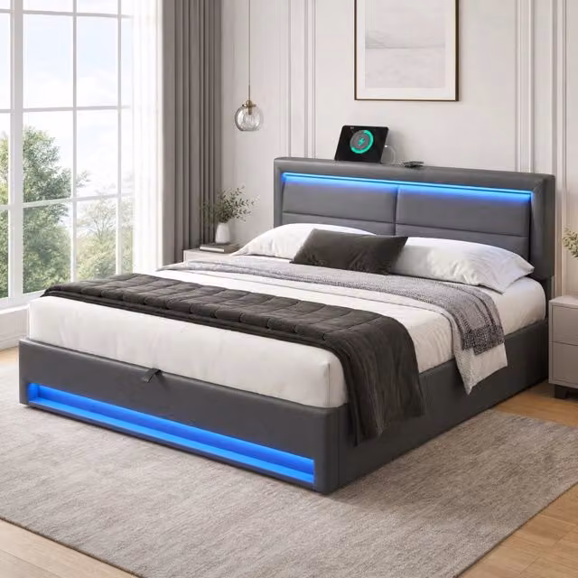 Letto imbottito 160x200 cm grigio in PU con LED e ricarica USB, senza materasso