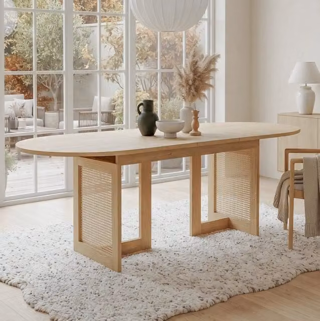 Tavolo da pranzo estensibile in MDF color rovere con dettagli in rattan