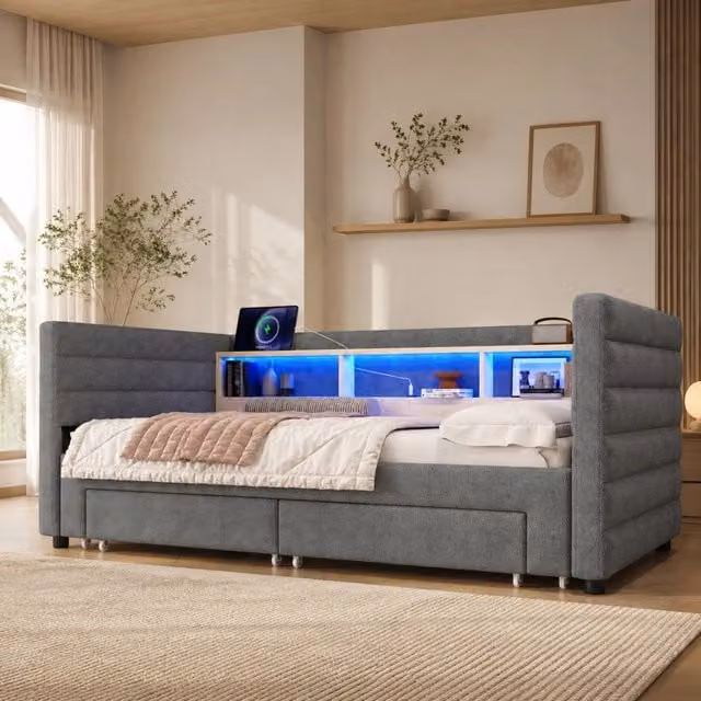 Letto 90x190 cm grigio – divano letto estensibile LED con contenitore, senza materasso