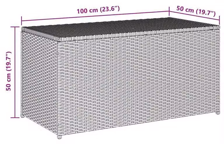 Contenitore di stoccaggio grigio in rattan sintetico, resistente agli agenti atmosferici, dimensioni 100x50 cm, dotato di ammortizzatori a gas