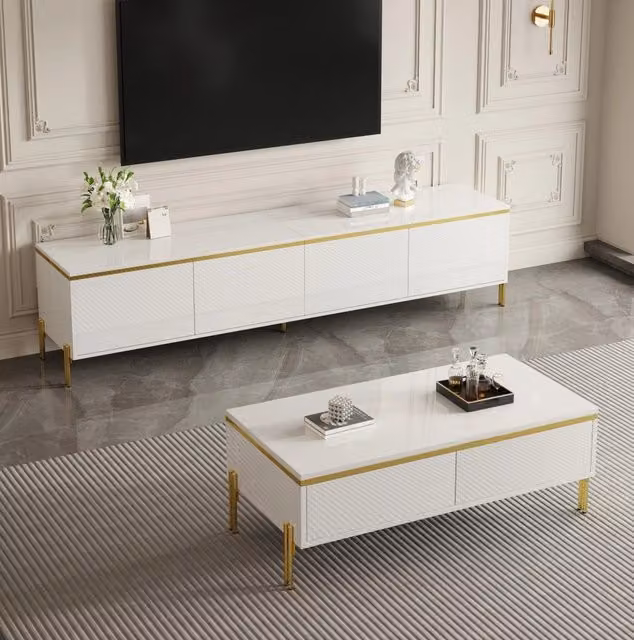Set mobile TV e tavolino da salotto con finitura lucida; bianco; dettagli dorati; 170 cm