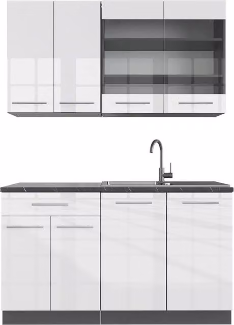 Cucina completa Fame-Line Bianco lucido/Antracite 140 cm senza piano di lavoro Vicco