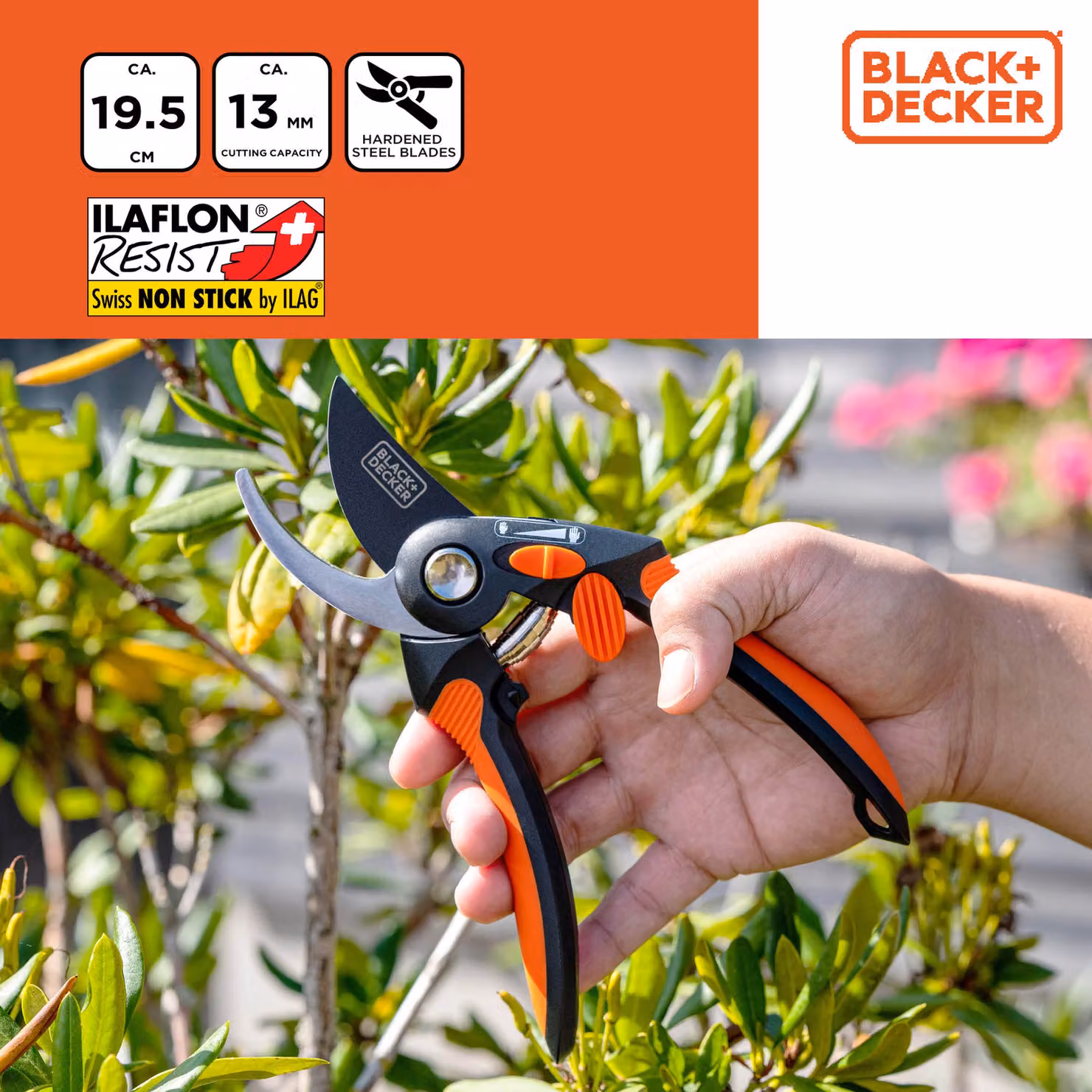 BLACK+DECKER Forbici bypass Lame in acciaio di alta qualità - Forbici da potatura Impugnatura ergonomica - Forbici da potatura Con capacità di taglio di 13 MM - Nero /Arancione