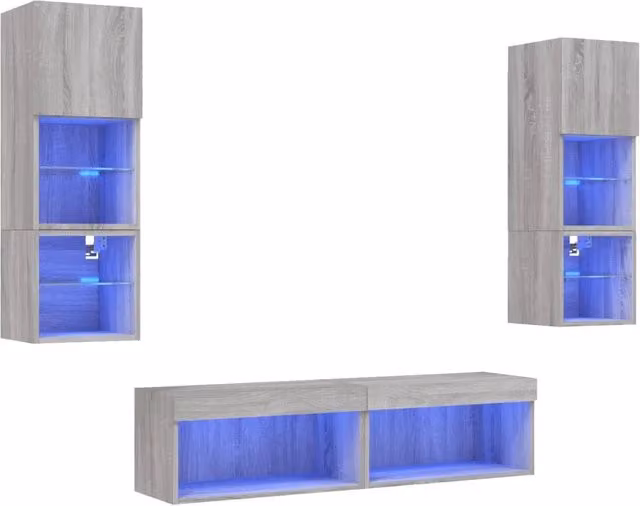 Mobili TV a Muro con LED 6pz | Armadietto TV | Mobile Porta TV Grigio Sonoma Legno Multistrato