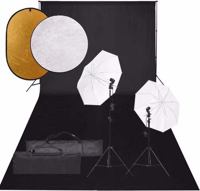 Kit per studio fotografico professionale con illuminazione LED, fondale e riflettore nero