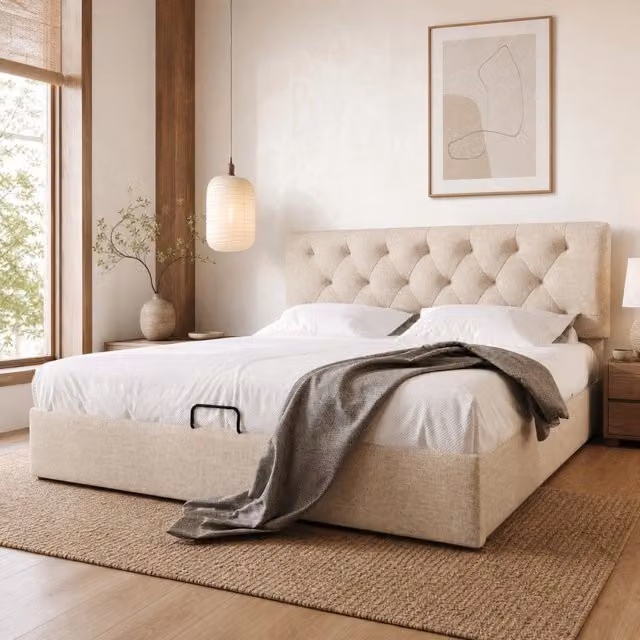 Letto matrimoniale ULEVR 160x200 cm con contenitore idraulico, testiera regolabile e rivestimento in lino naturale