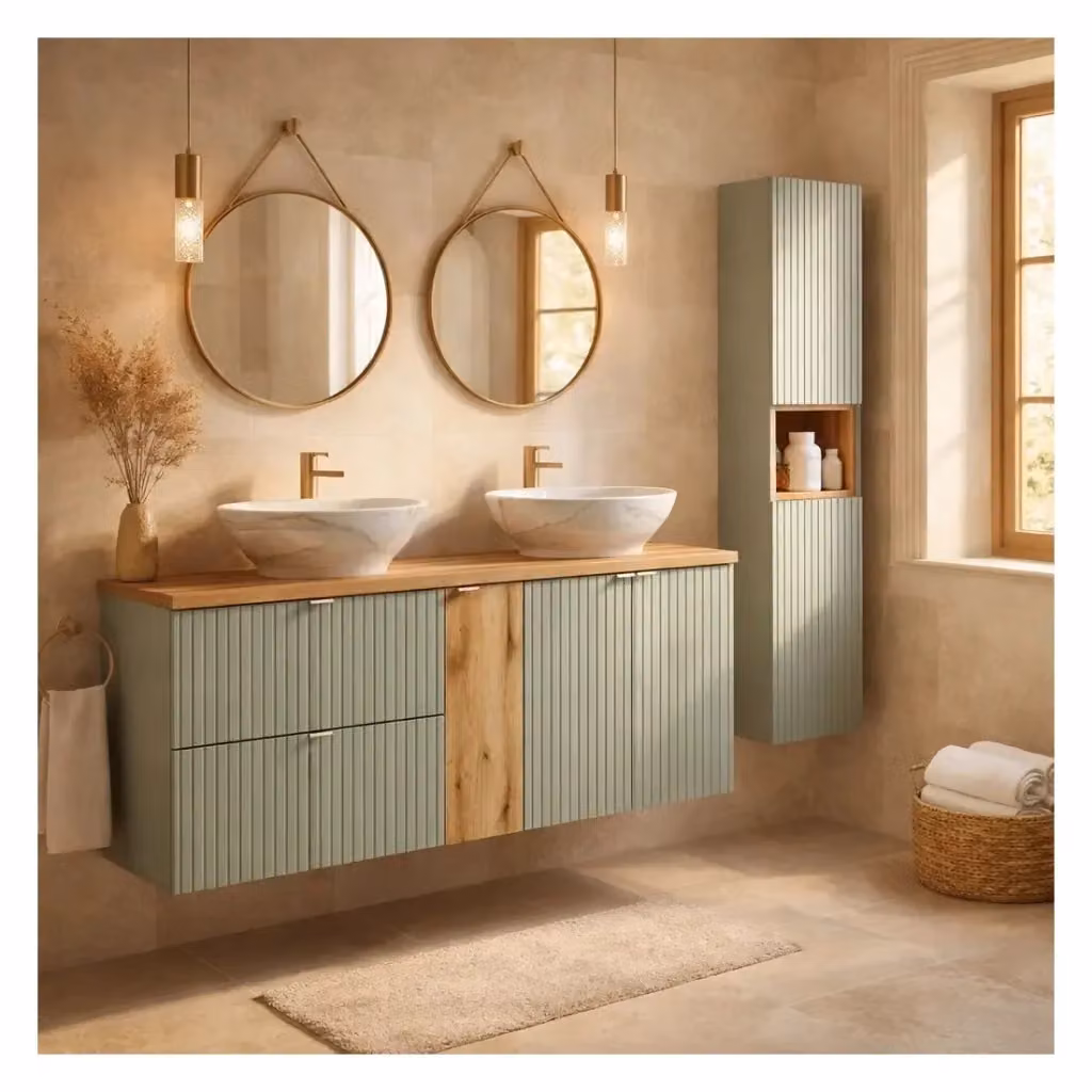 Set Mobili Bagno Meublorama Elvina con Mobile Sottolavabo, Piano, Due Lavabi da Appoggio Marmorizzati e Colonna L: 170 cm – 2