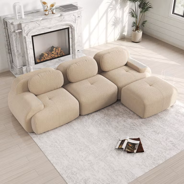 Divano angolare modulare, senza necessità di montaggio, struttura invisibile, imbottitura in Cord e schiuma 32D, braccioli extra-largi, ideale per chi ha animali domestici (beige)