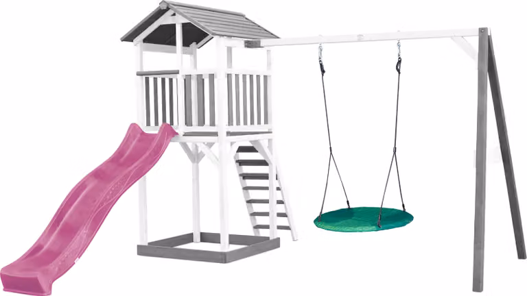 AXI Beach Tower parco giochi in legno in grigio e bianco | Torre di gioco per bambini con sabbiera, altalena a nido e scivolo viola | Casa per bambini su palafitte per il giardino