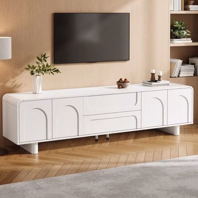 Mobile TV moderno 180x40x46 cm in MDF e truciolare; bianco; con 4 ante e 2 cassetti