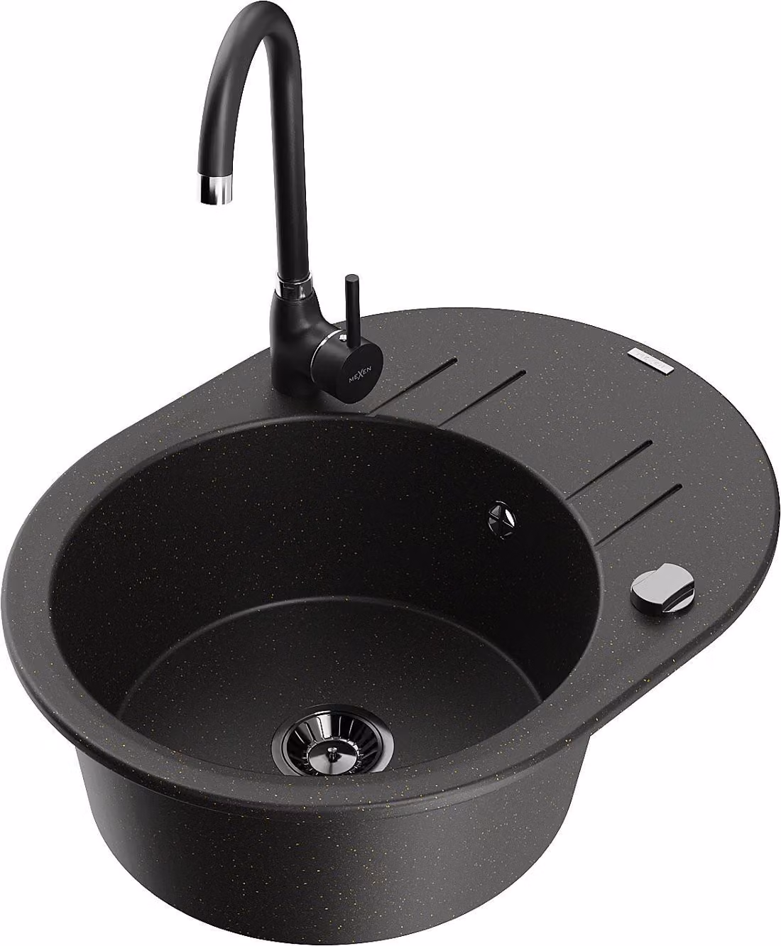 Mexen Kevin lavello in granito a 1 vasca con scolapiatti e rubinetto da cucina Telma, nero/oro metallizzato