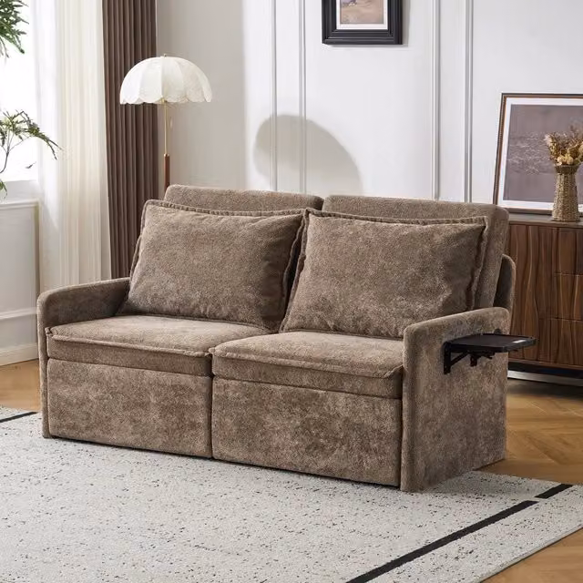 Divano Letto con Contenitore e USB ¨C MINIMAL ¨C Chenille, Marrone, Schienale Regolabile