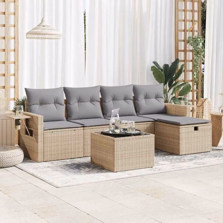 Set Divano da Giardino vidaXL 6 pz in Polyrattan con Cuscini Beige e Grigio per Esterno