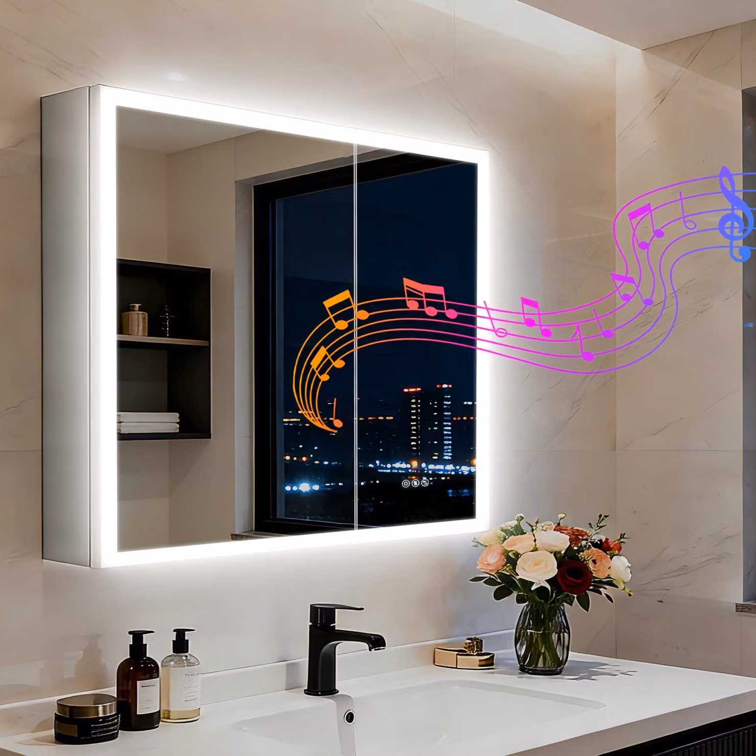 Armadietto da bagno con specchio illuminato, Bluetooth, 80x70 cm. Armadietto a muro con specchio, tecnologia Bluetooth, antiappannamento, 2 ante