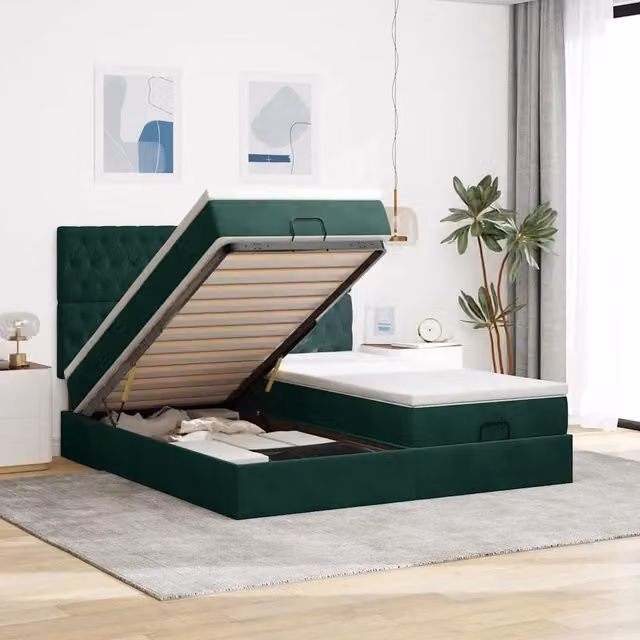 Letto con contenitore a sollevamento vidaXL in velluto verde e bianco L: 200 cm, P: 200 cm, H: 280 cm – 1